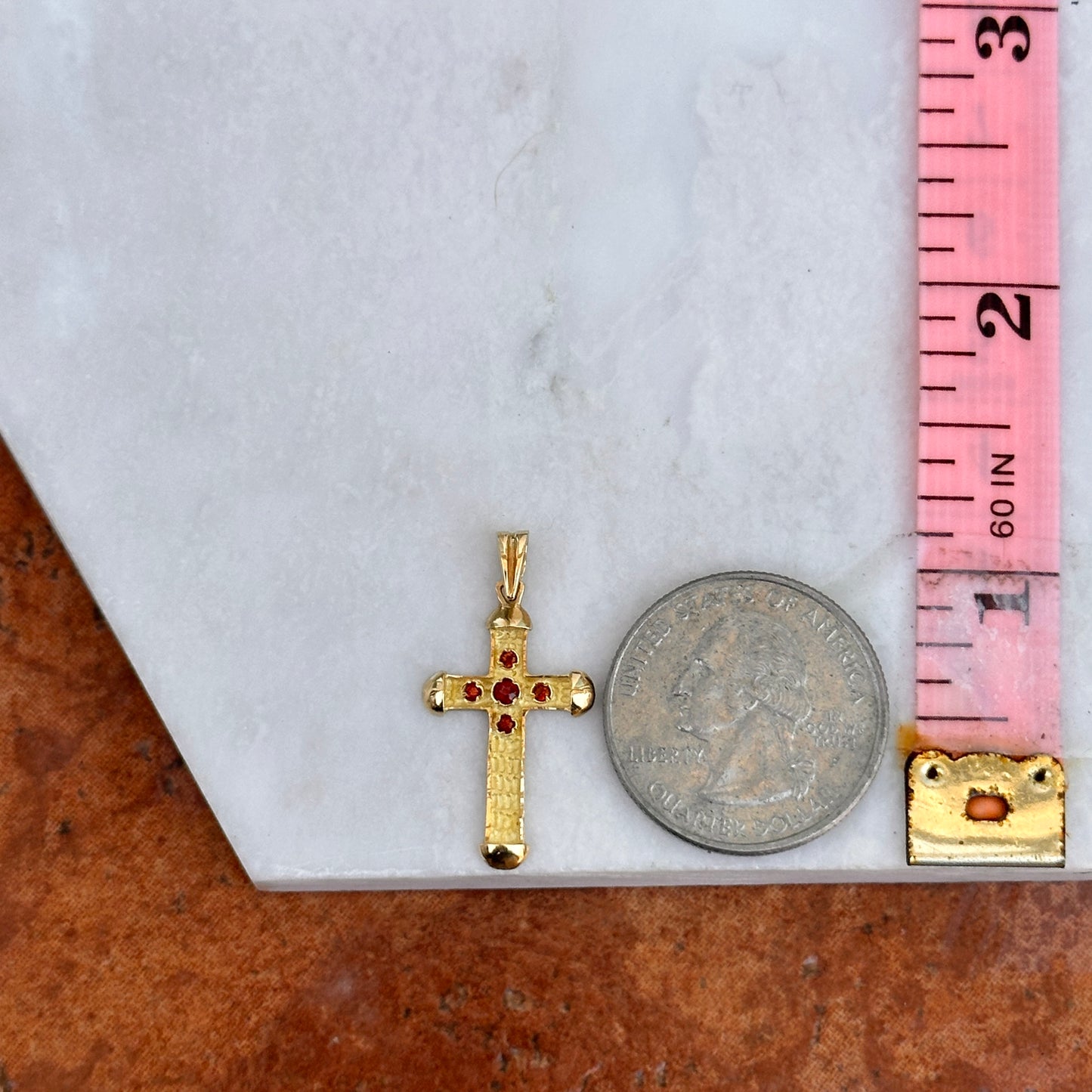 Estate 18KT Yellow Gold Byzantine Cross Garnet Pendant