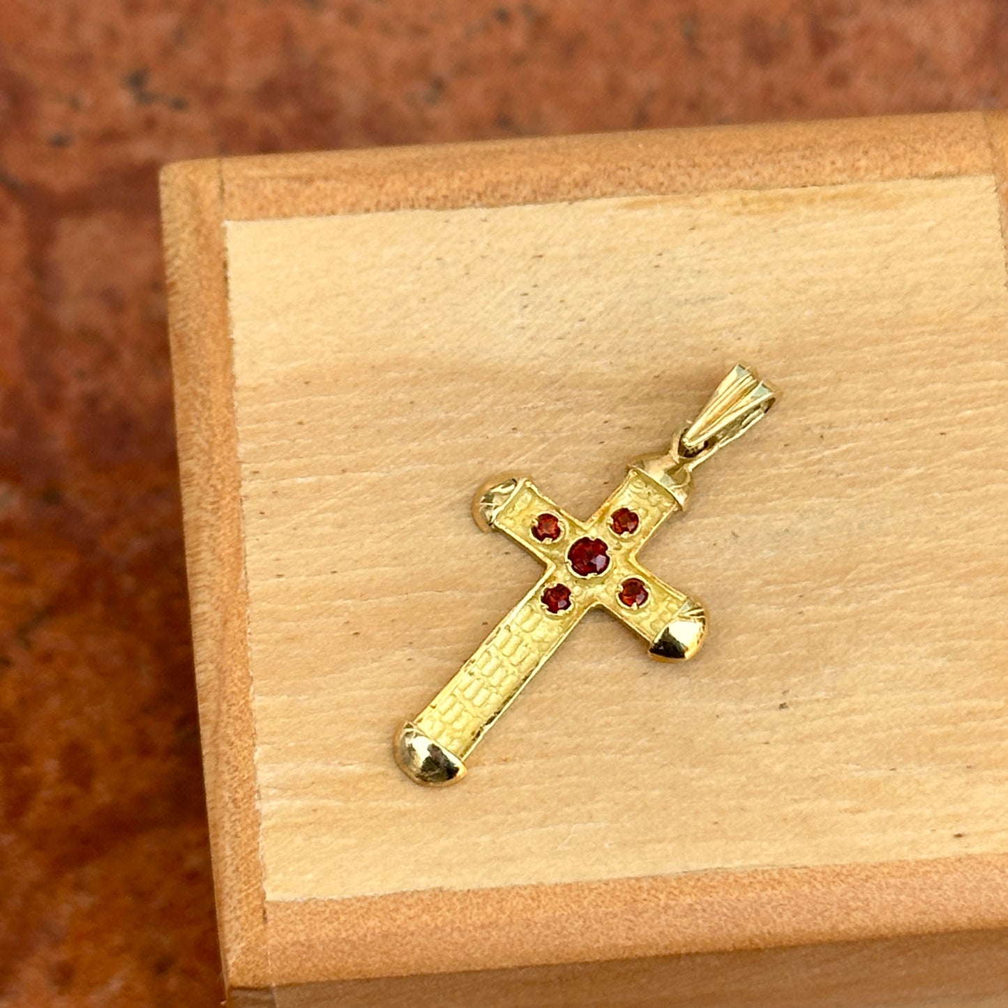 Estate 18KT Yellow Gold Byzantine Cross Garnet Pendant