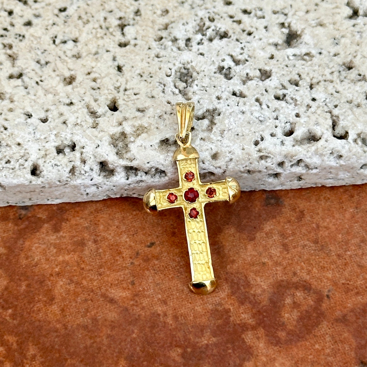 Estate 18KT Yellow Gold Byzantine Cross Garnet Pendant