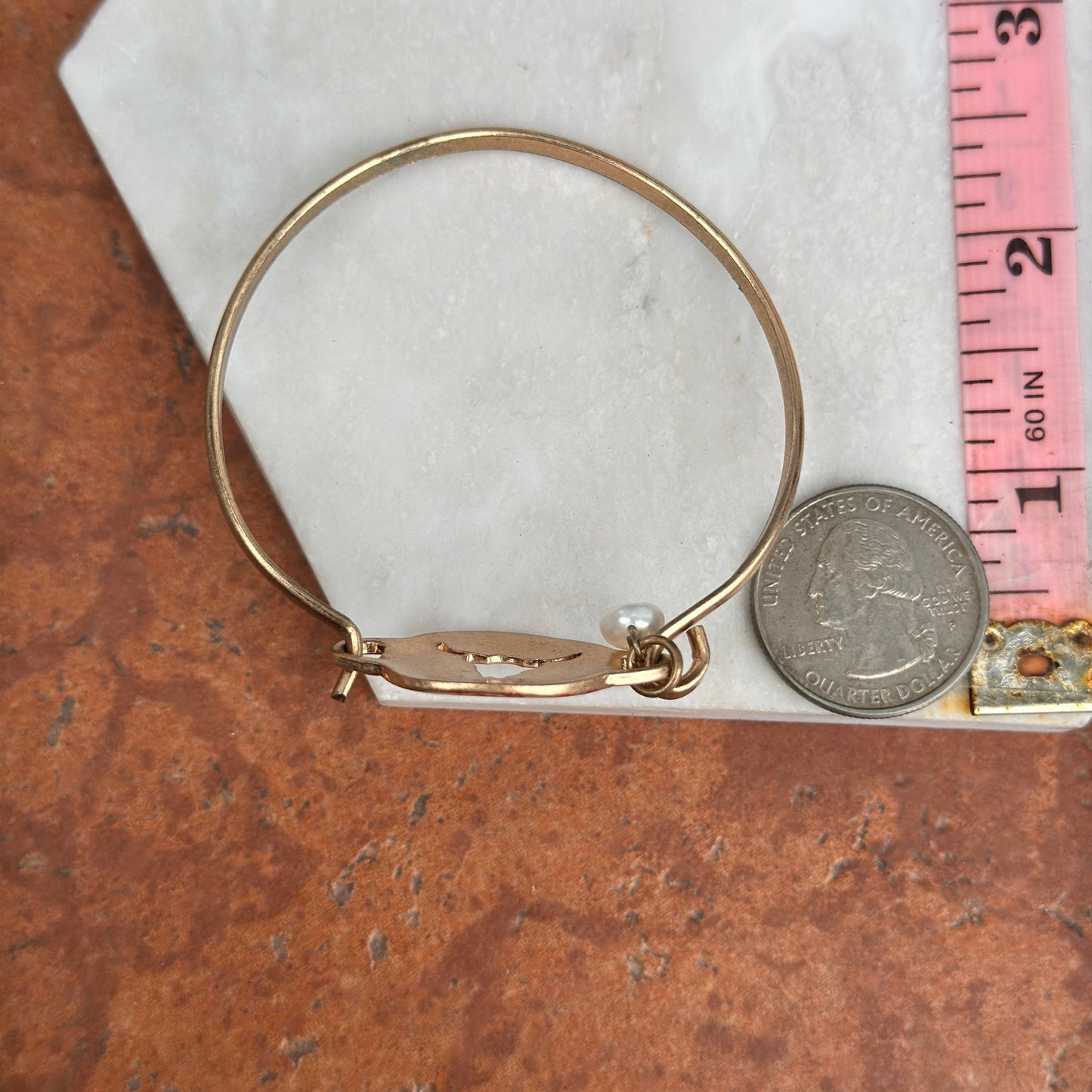 Estate Yellow Gold Tone Floral Painted Enamel Cutout Longhorn Pearl Dangle Bracelet