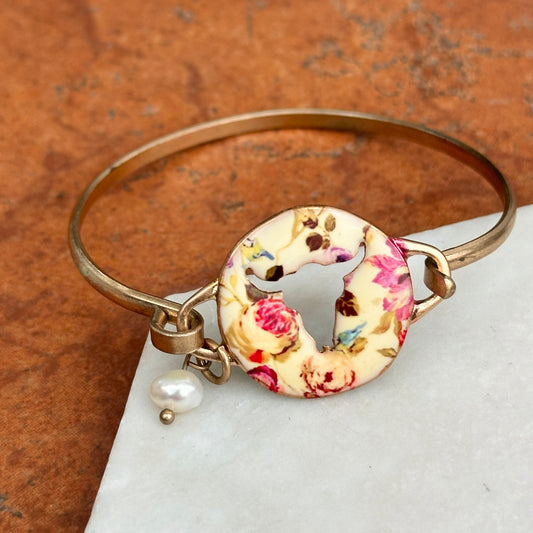 Estate Yellow Gold Tone Floral Painted Enamel Cutout Longhorn Pearl Dangle Bracelet