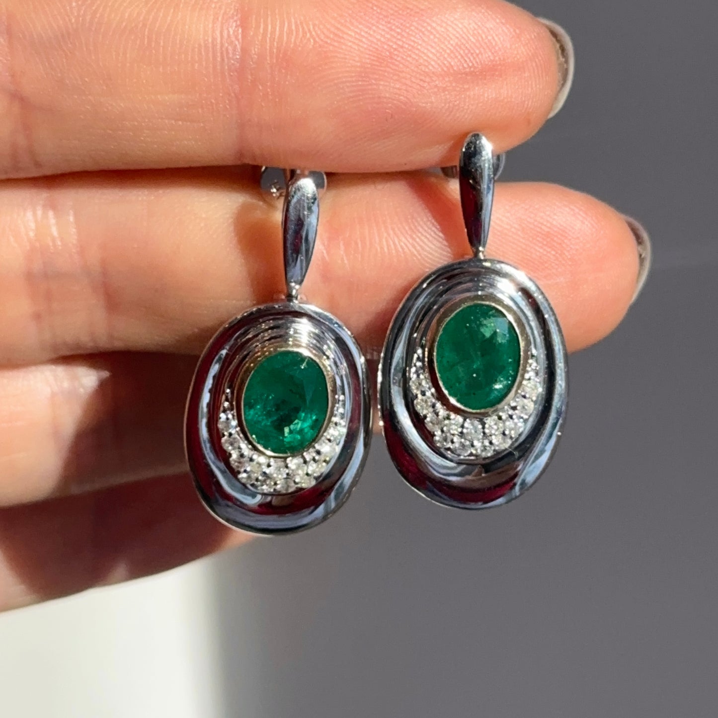 Estate 14KT White Gold Oval Emerald + Diamond Drop Earrings