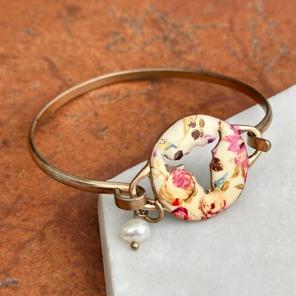 Estate Yellow Gold Tone Floral Painted Enamel Cutout Longhorn Pearl Dangle Bracelet