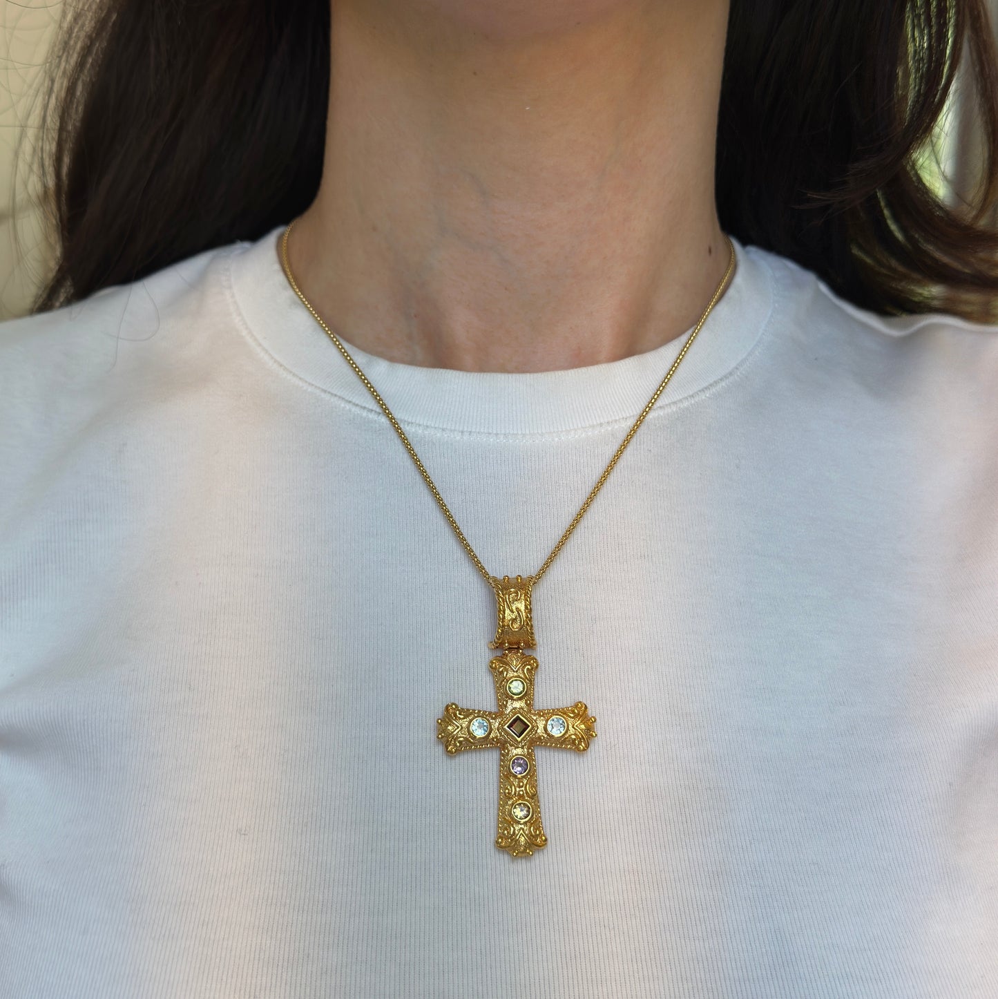 Vintage Estate Yellow Gold Plated Silver Byzantine Gemstone Cross Pendant