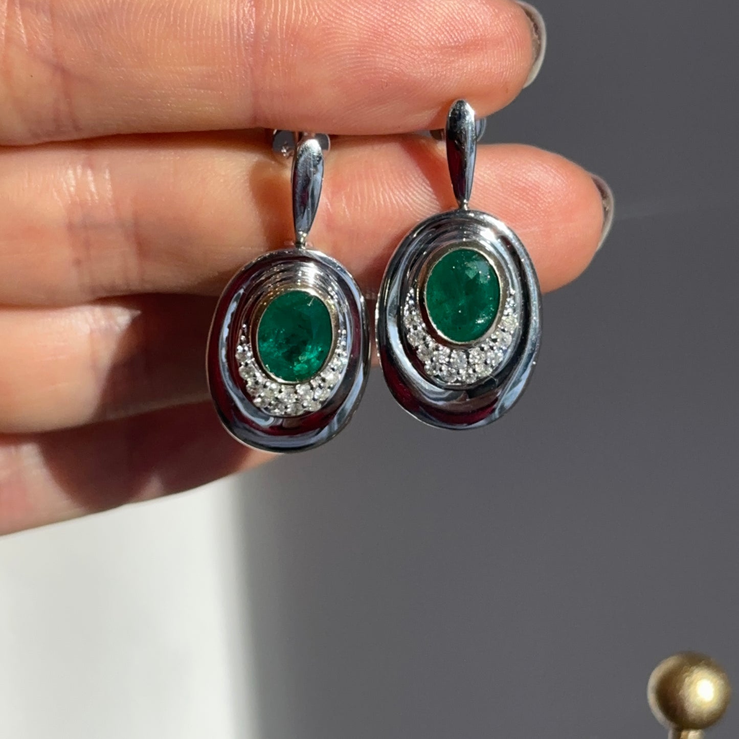 Estate 14KT White Gold Oval Emerald + Diamond Drop Earrings