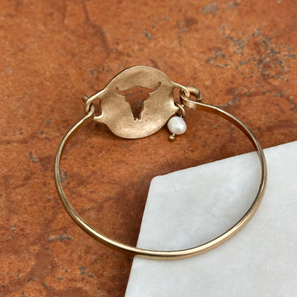 Estate Yellow Gold Tone Floral Painted Enamel Cutout Longhorn Pearl Dangle Bracelet