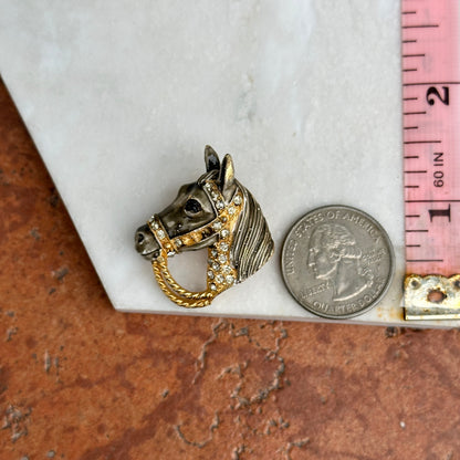 Estate Yellow Tone Enamel Horsehead + Bridle and White Rhinestones Pin/Brooch - LSJ
