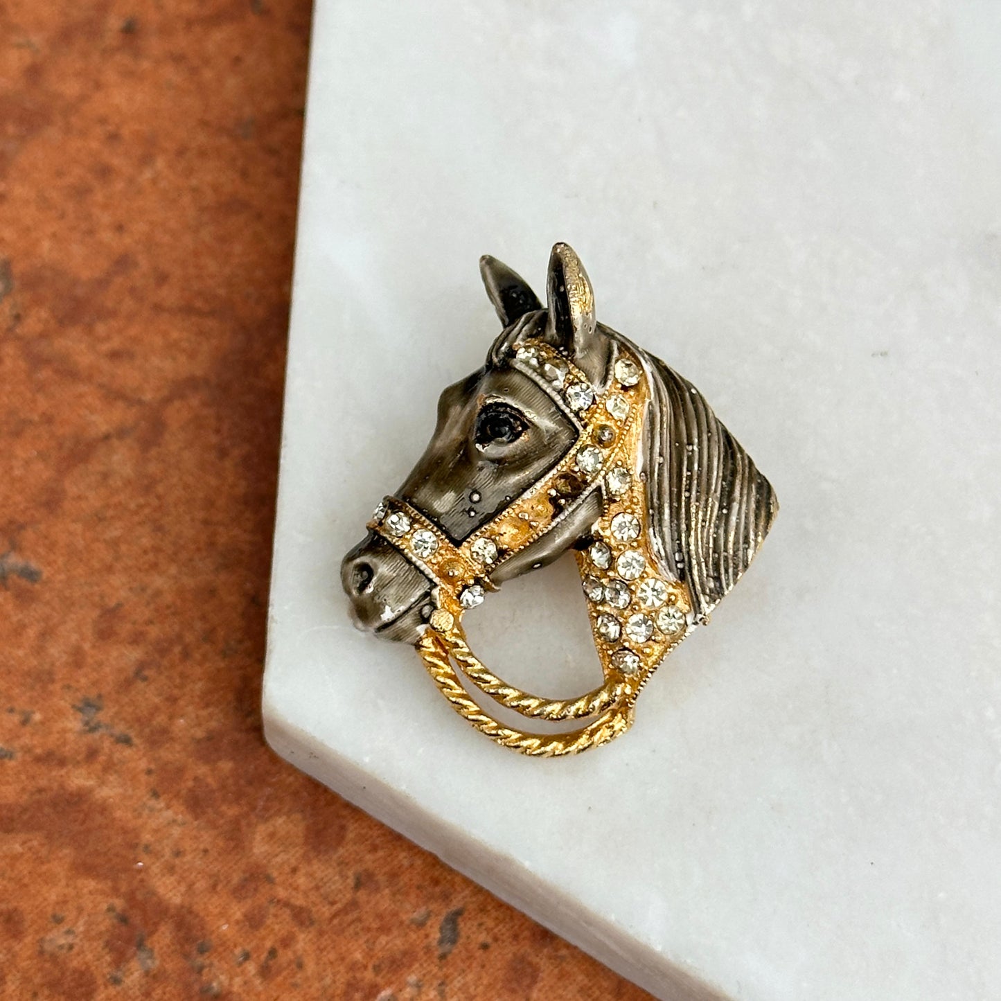 Estate Yellow Tone Enamel Horsehead + Bridle and White Rhinestones Pin/Brooch - LSJ