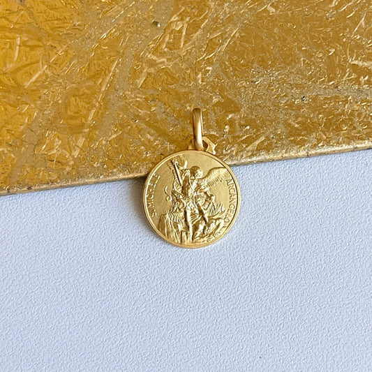 14KT Yellow Gold Matte St Michael Round Medal Pendant 16mm