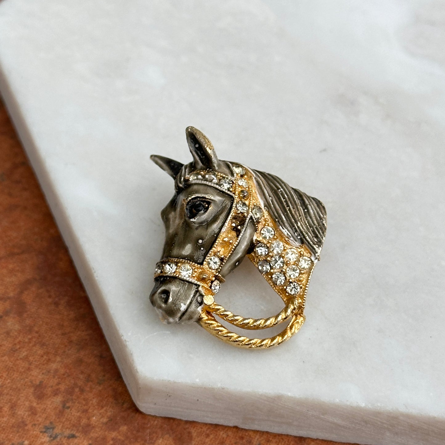 Estate Yellow Tone Enamel Horsehead + Bridle and White Rhinestones Pin/Brooch - LSJ