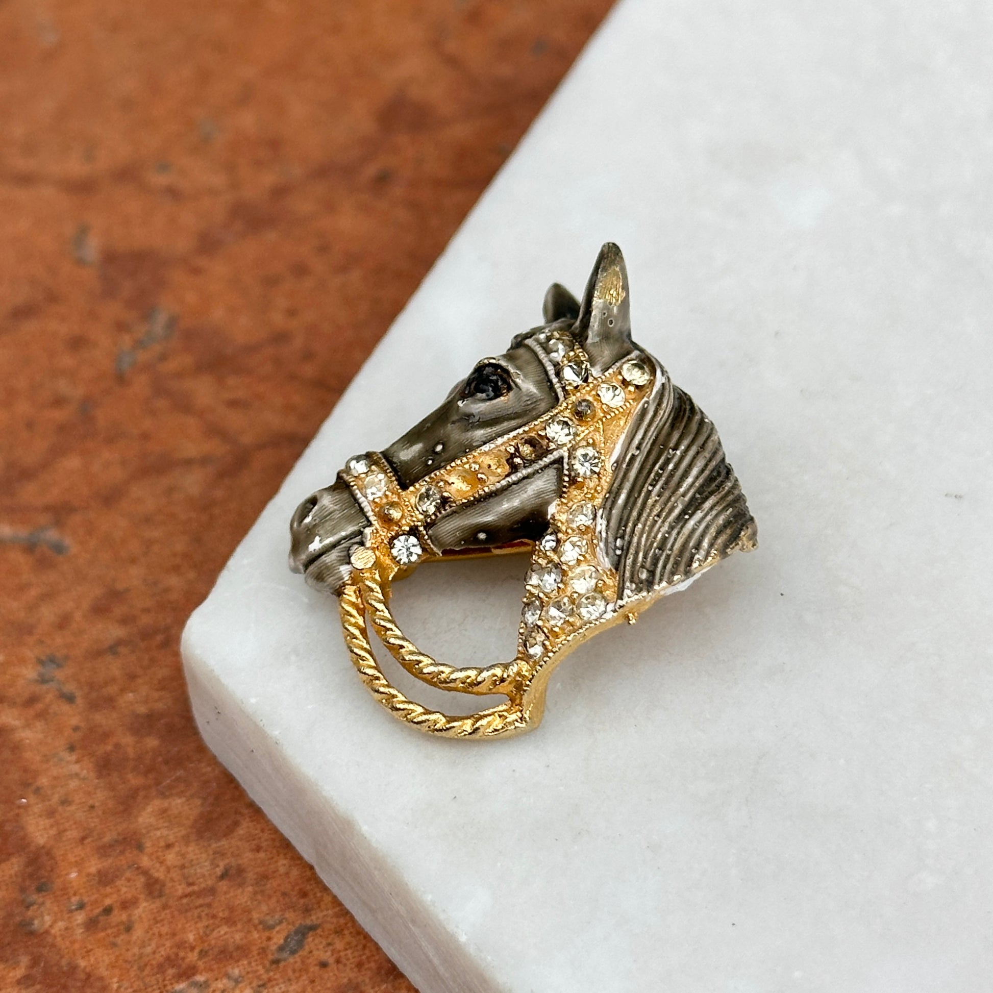 Estate Yellow Tone Enamel Horsehead + Bridle and White Rhinestones Pin/Brooch - LSJ