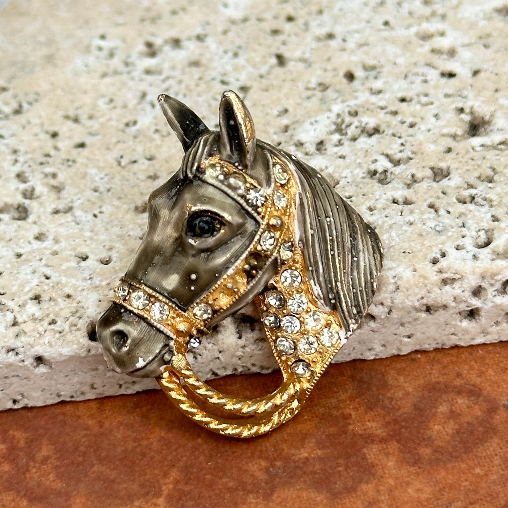 Estate Yellow Tone Enamel Horsehead + Bridle and White Rhinestones Pin/Brooch - LSJ