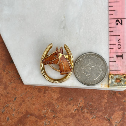 Estate Yellow Gold Tone Enamel Horse Head in Horseshoe Pin/Brooch