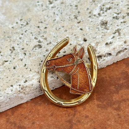 Estate Yellow Gold Tone Enamel Horse Head in Horseshoe Pin/Brooch
