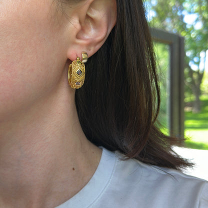 Sold Estate Yellow Gold-Plated Sterling Silver Byzantine Amethyst Peridot + Garnet Hoop Earrings - LSJ