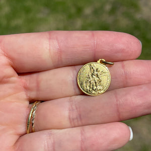 14KT Yellow Gold Matte St Michael Round Medal Pendant 16mm