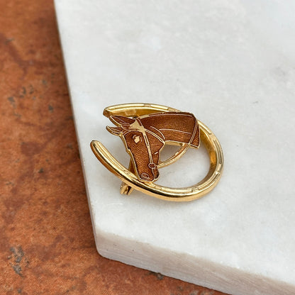 Estate Yellow Gold Tone Enamel Horse Head in Horseshoe Pin/Brooch