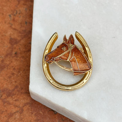 Estate Yellow Gold Tone Enamel Horse Head in Horseshoe Pin/Brooch