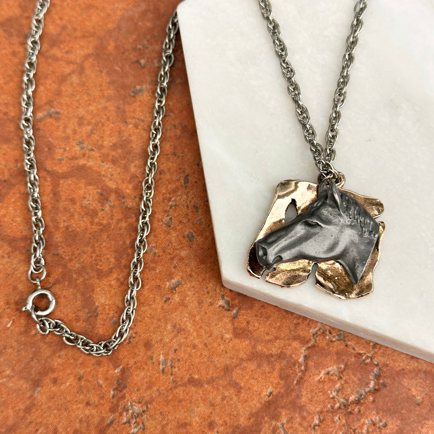 Estate Yellow + Silver Tone Abstract Horse Head Necklace