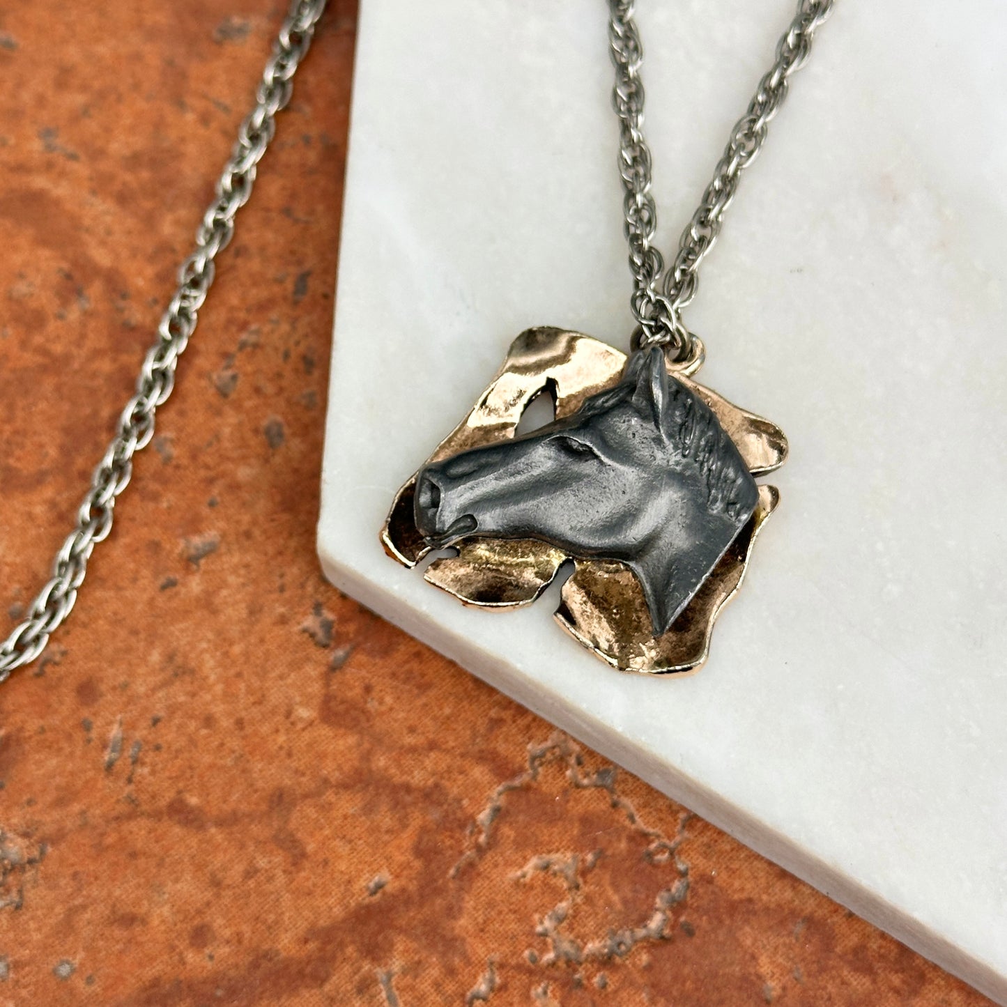 Estate Yellow + Silver Tone Abstract Horse Head Necklace