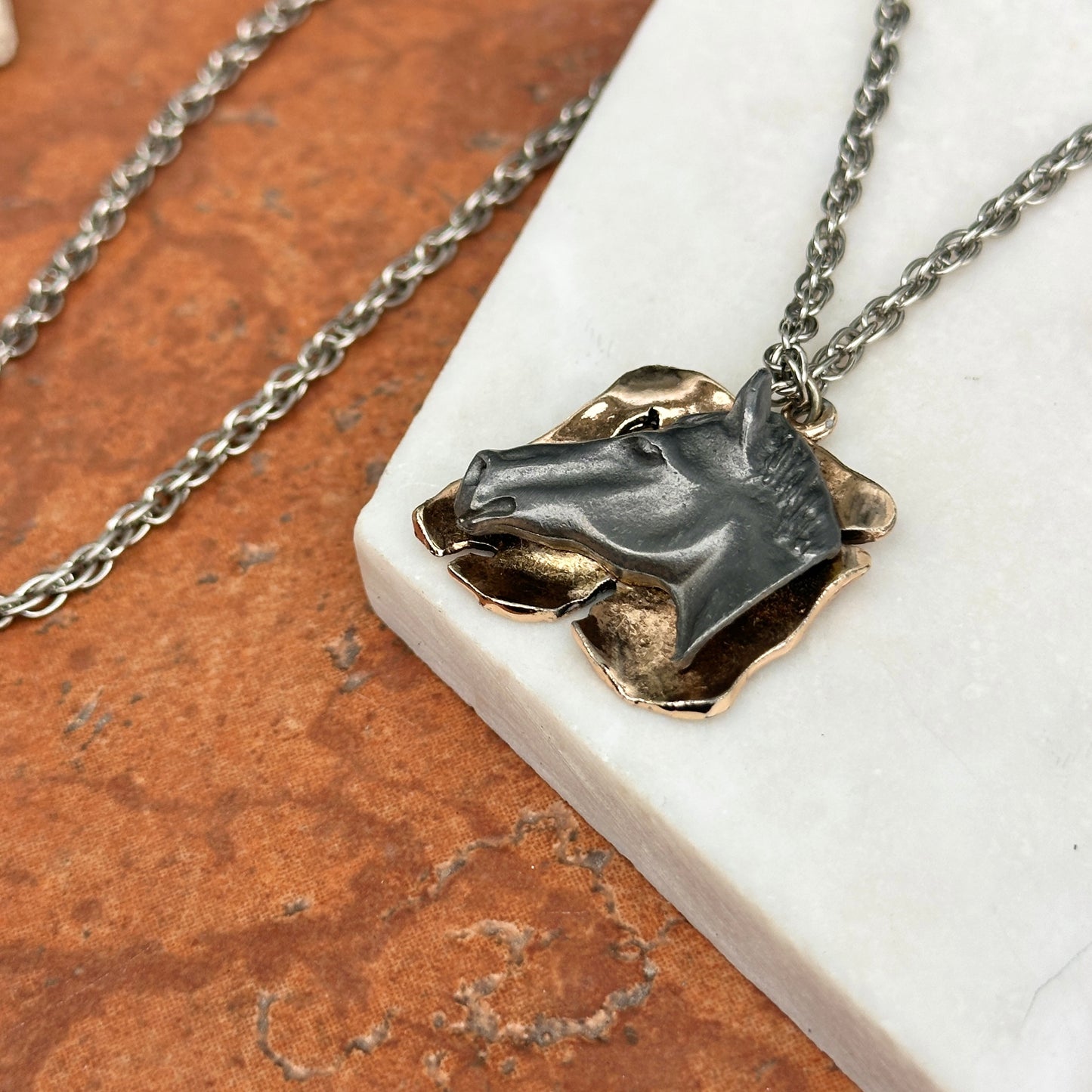 Estate Yellow + Silver Tone Abstract Horse Head Necklace