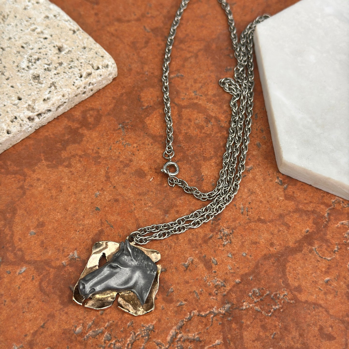 Estate Yellow + Silver Tone Abstract Horse Head Necklace