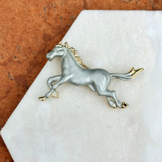 Estate Yellow and Silver Tone Matte and Shiny Running Horse Pin/Brooch