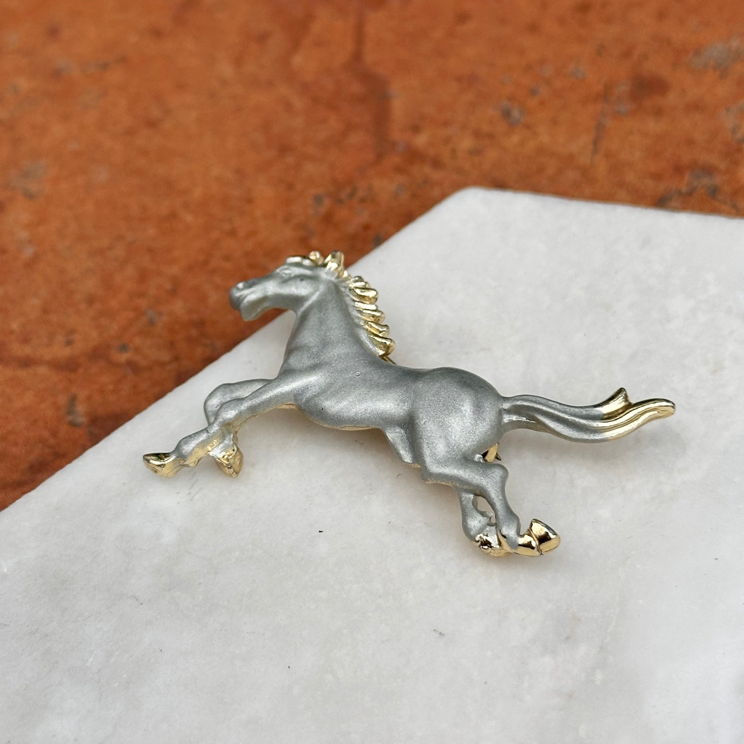 Estate Yellow and Silver Tone Matte and Shiny Running Horse Pin/Brooch