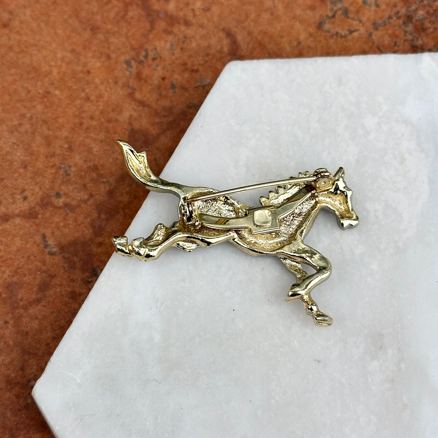 Estate Yellow and Silver Tone Matte and Shiny Running Horse Pin/Brooch