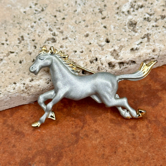 Estate Yellow and Silver Tone Matte and Shiny Running Horse Pin/Brooch