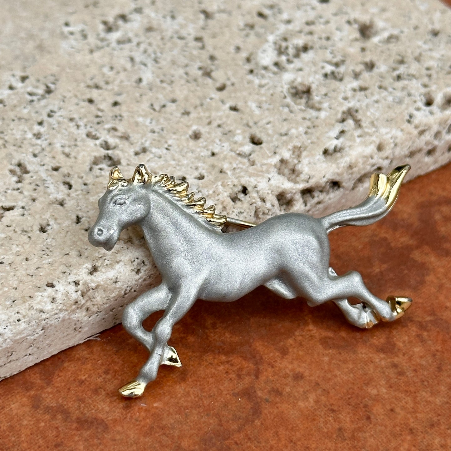 Estate Yellow and Silver Tone Matte and Shiny Running Horse Pin/Brooch