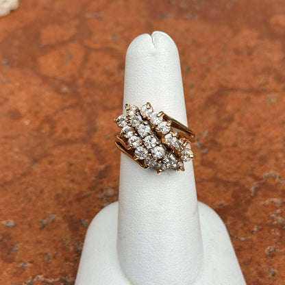 Estate 14KT Yellow Gold 3 Row Round Diamond Cluster Ring