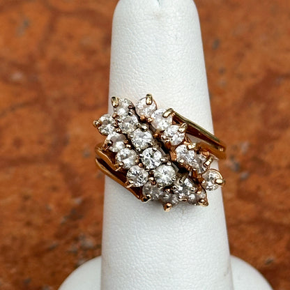 Estate 14KT Yellow Gold 3 Row Round Diamond Cluster Ring