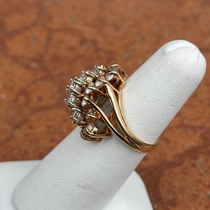 Estate 14KT Yellow Gold 3 Row Round Diamond Cluster Ring
