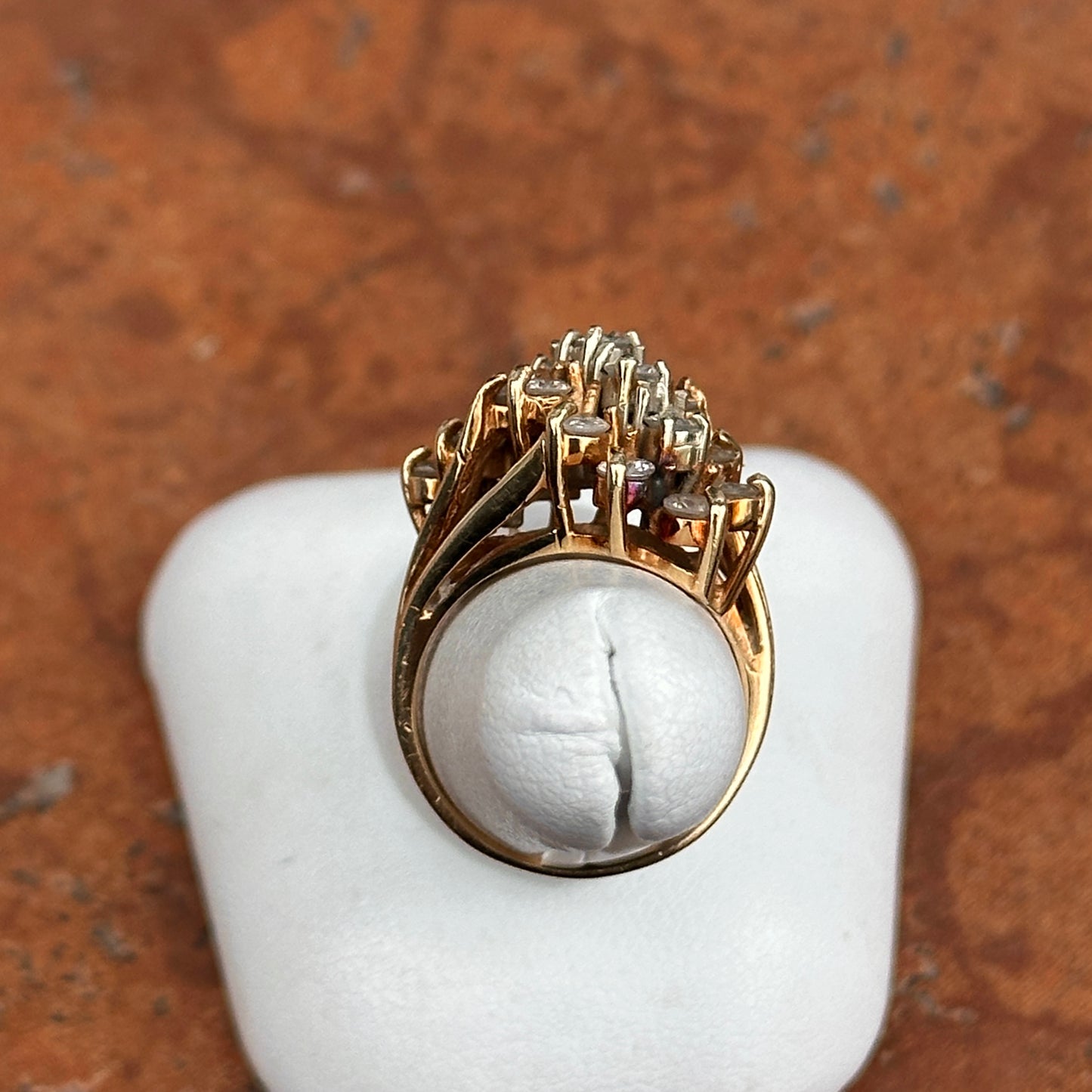 Estate 14KT Yellow Gold 3 Row Round Diamond Cluster Ring