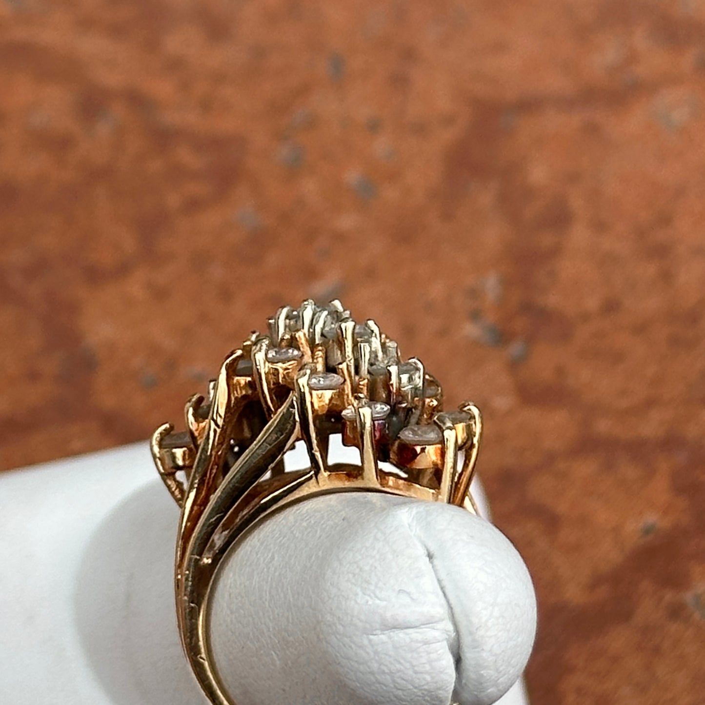 Estate 14KT Yellow Gold 3 Row Round Diamond Cluster Ring