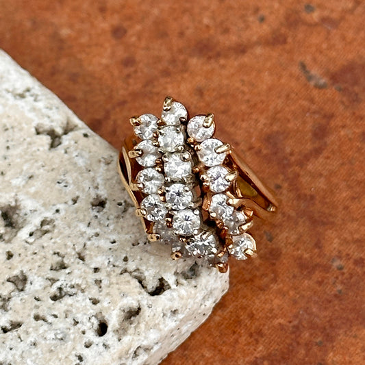 Estate 14KT Yellow Gold 3 Row Round Diamond Cluster Ring