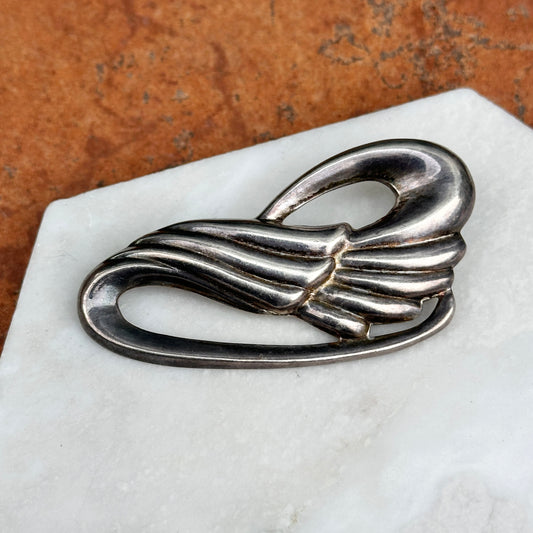 Estate Vintage Sterling Silver Fluted Floral Swirl Design Brooch Pin