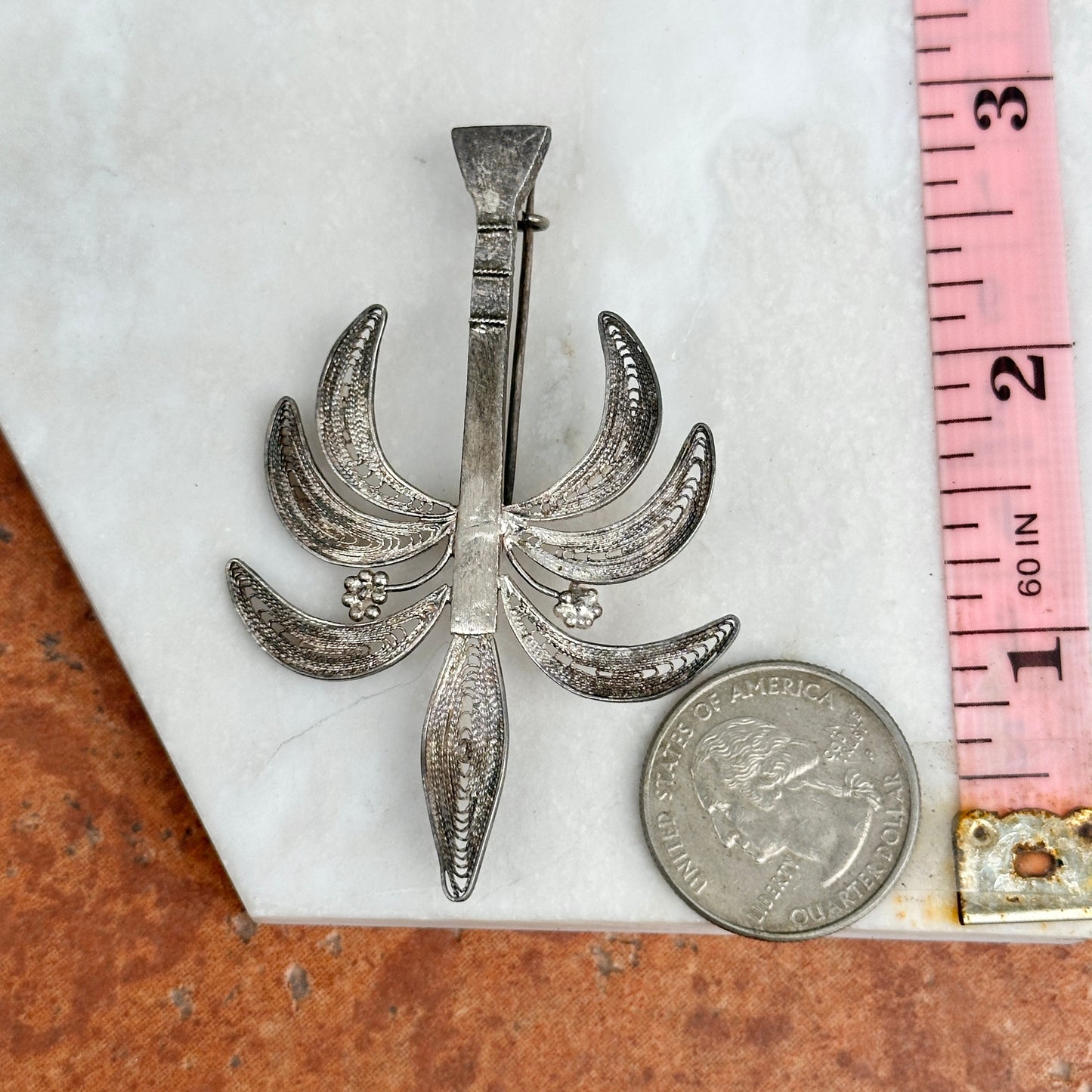 Estate "Nigeria" Silver Hand Crafted Filigree Palm Tree Pin Brooch