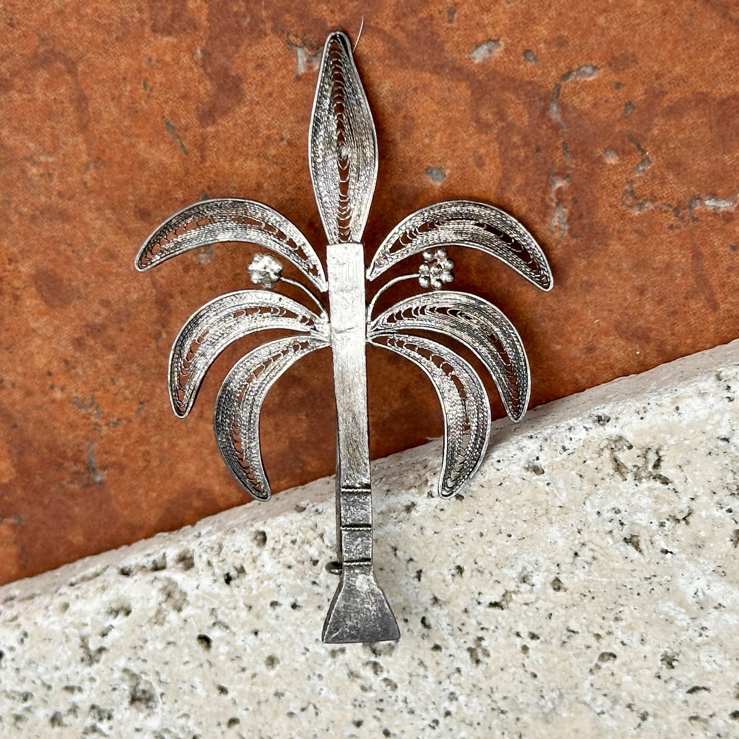 Estate "Nigeria" Silver Hand Crafted Filigree Palm Tree Pin Brooch
