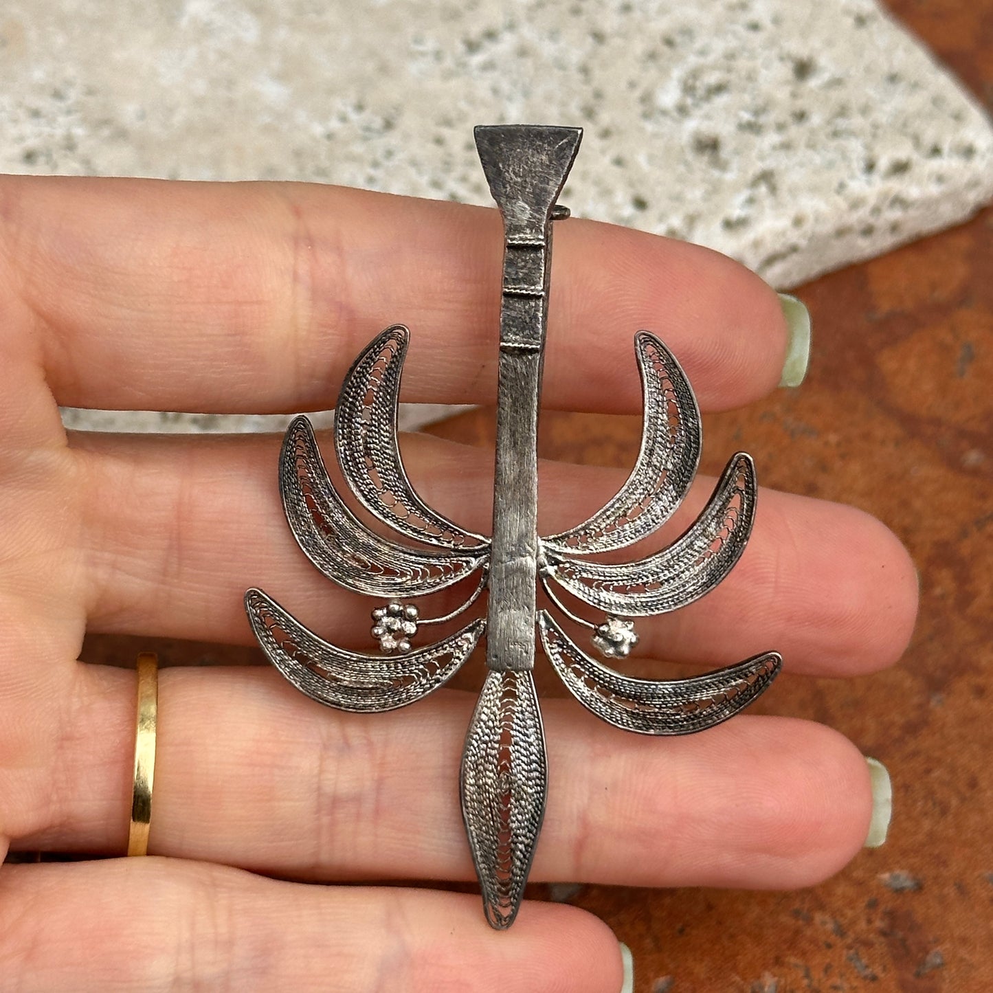 Estate "Nigeria" Silver Hand Crafted Filigree Palm Tree Pin Brooch