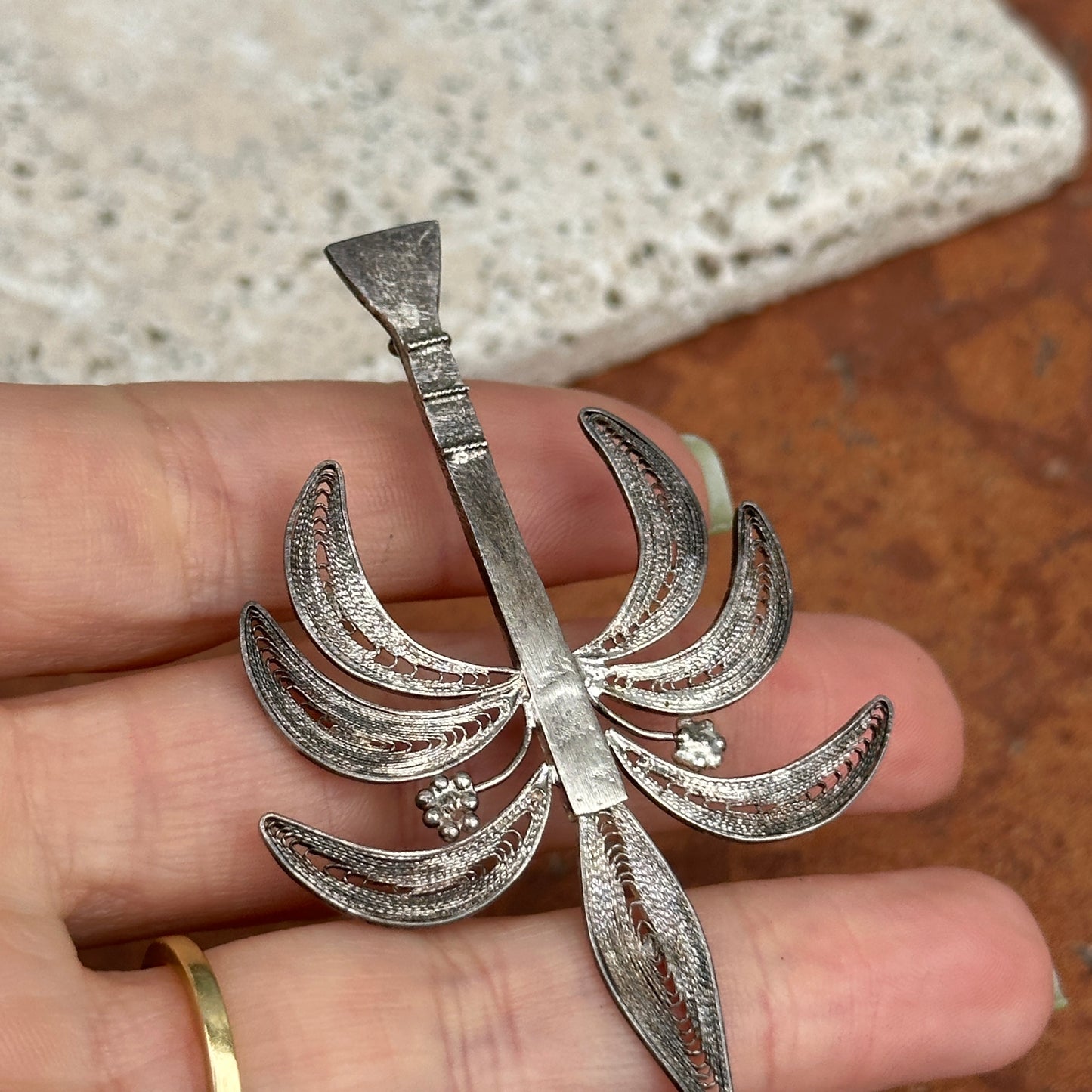 Estate "Nigeria" Silver Hand Crafted Filigree Palm Tree Pin Brooch