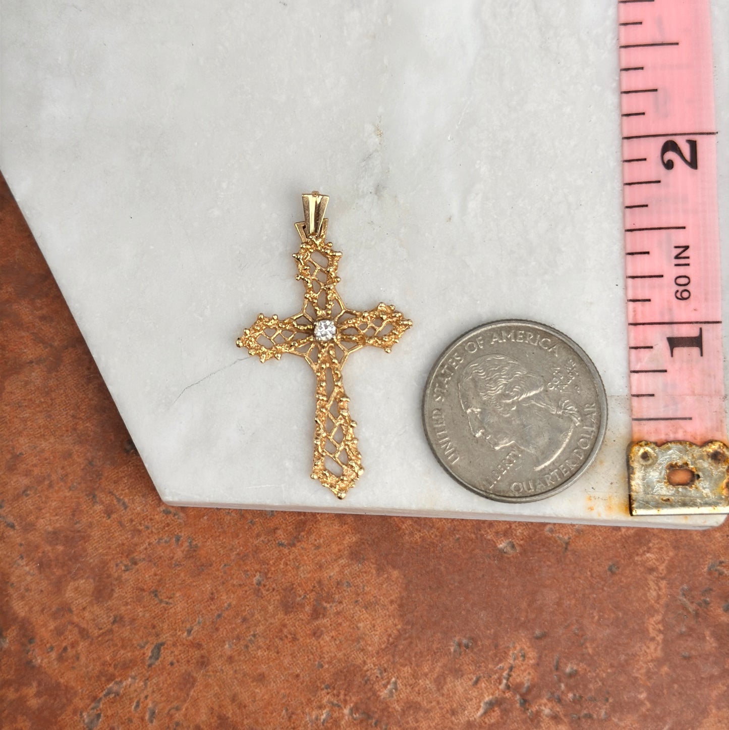 Estate 14KT Yellow Gold Round Diamond Cut Out Cross Pendant
