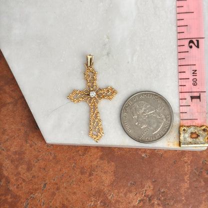 Estate 14KT Yellow Gold Round Diamond Cut Out Cross Pendant