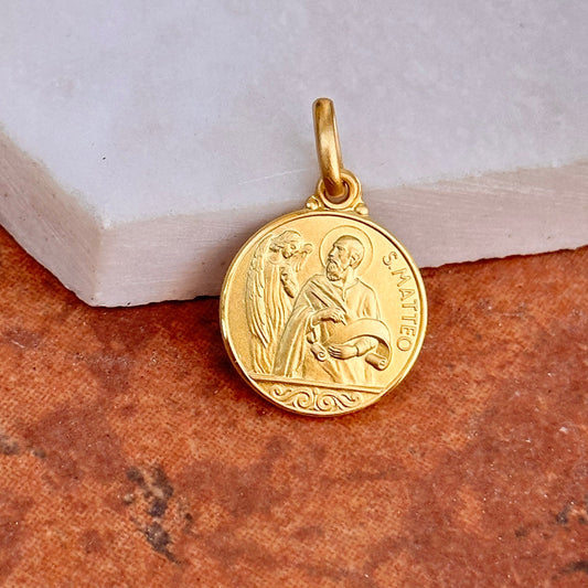 14KT Yellow Gold Matte St Matthew Round Medal Pendant 14mm