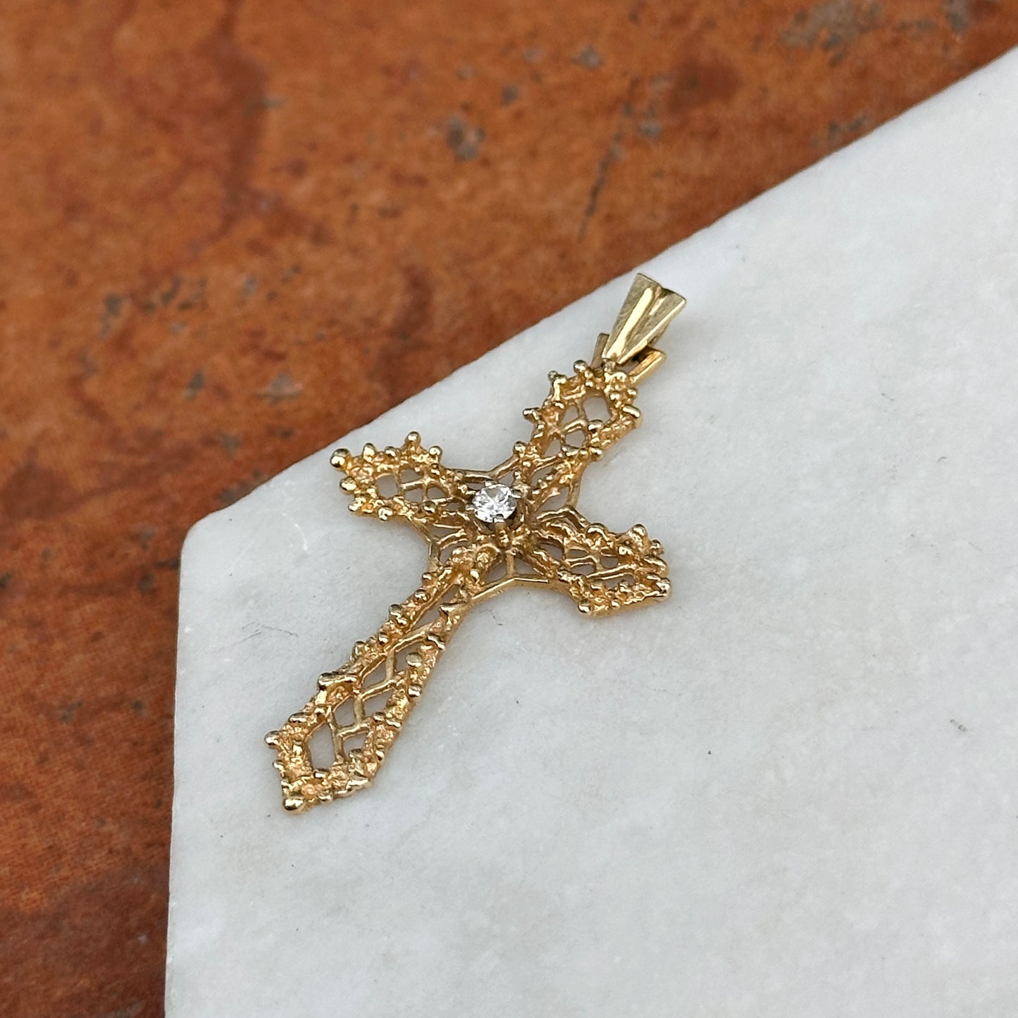 Estate 14KT Yellow Gold Round Diamond Cut Out Cross Pendant