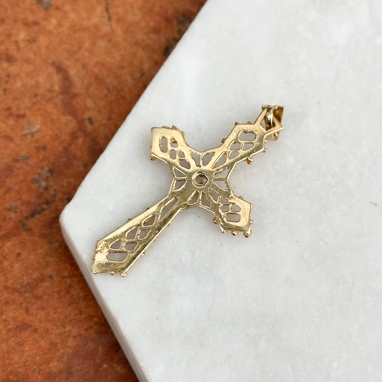 Estate 14KT Yellow Gold Round Diamond Cut Out Cross Pendant
