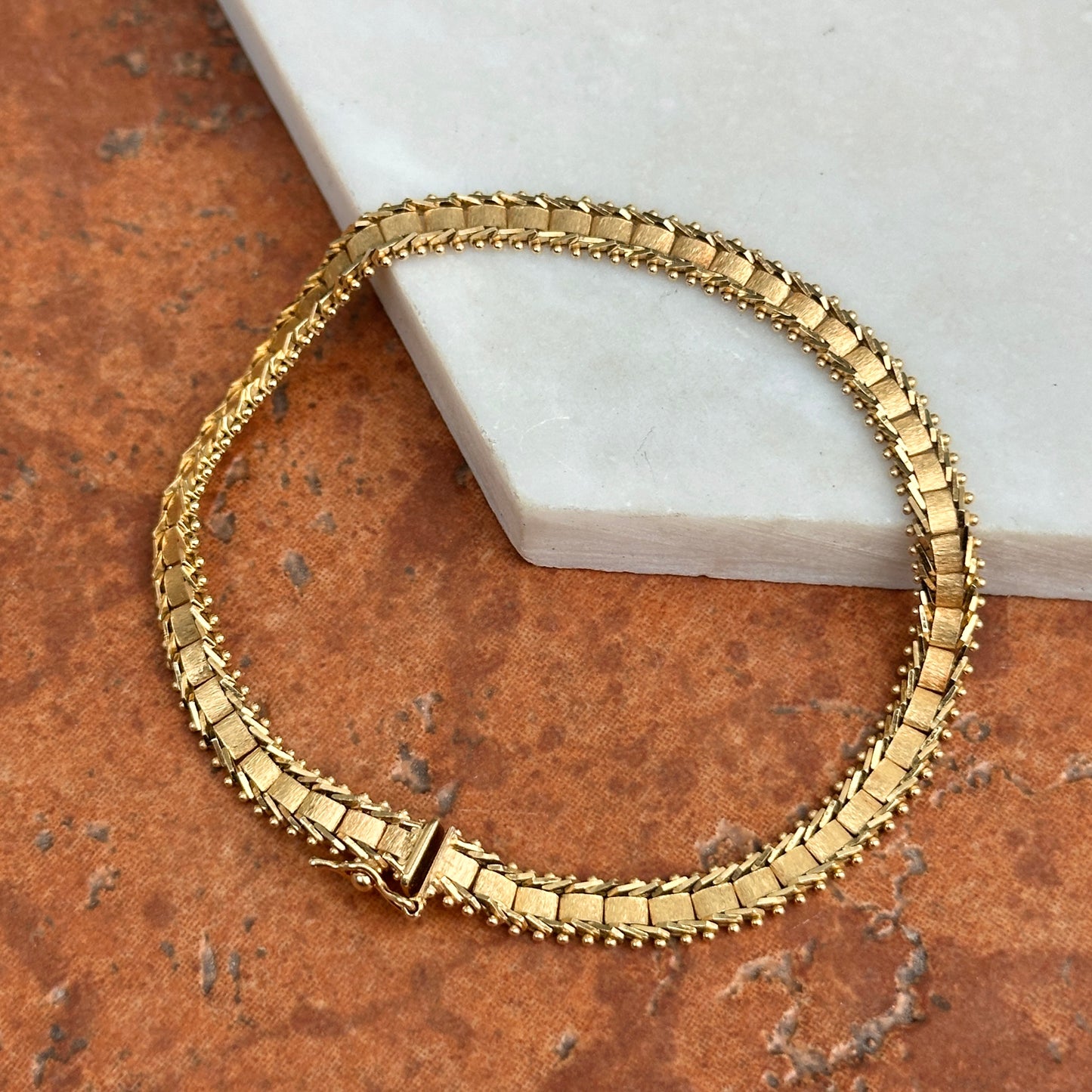 Estate 14KT Yellow Gold Track Style Moveable Matte Links Bracelet