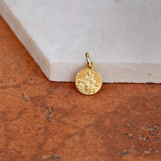 14KT Yellow Gold Matte Carmine Round Medal Pendant Charm 10mm