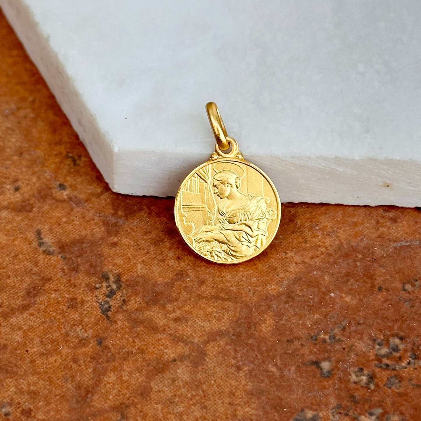 14KT Yellow Gold Matte St Cecilia Round Medal Pendant 14mm